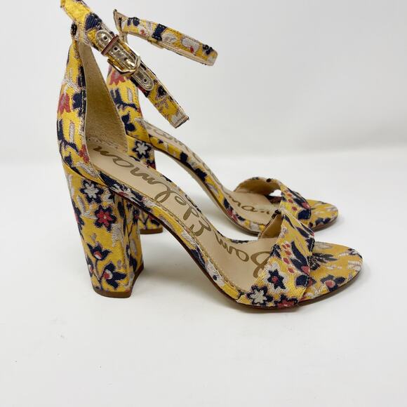 Sam Edelman 6 Floral Gatsby Yellow Yaro Ankle Strap Heels Block Heel Open Toe - Picture 2 of 12
